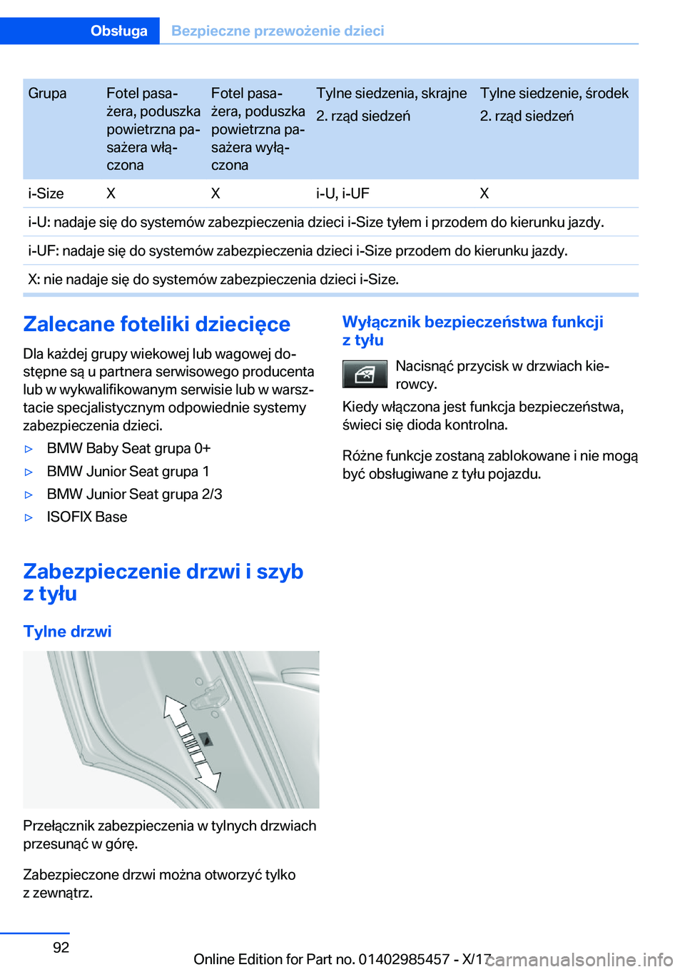 BMW X1 2018  Instrukcja obsługi (in Polish) �G�r�u�p�a�F�o�t�e�l� �p�a�s�aj
 9�e�r�a�,� �p�o�d�u�s�z�k�a
�p�o�w�i�e�t�r�z�n�a� �p�aj
�s�a 9�e�r�a� �w�ł�
