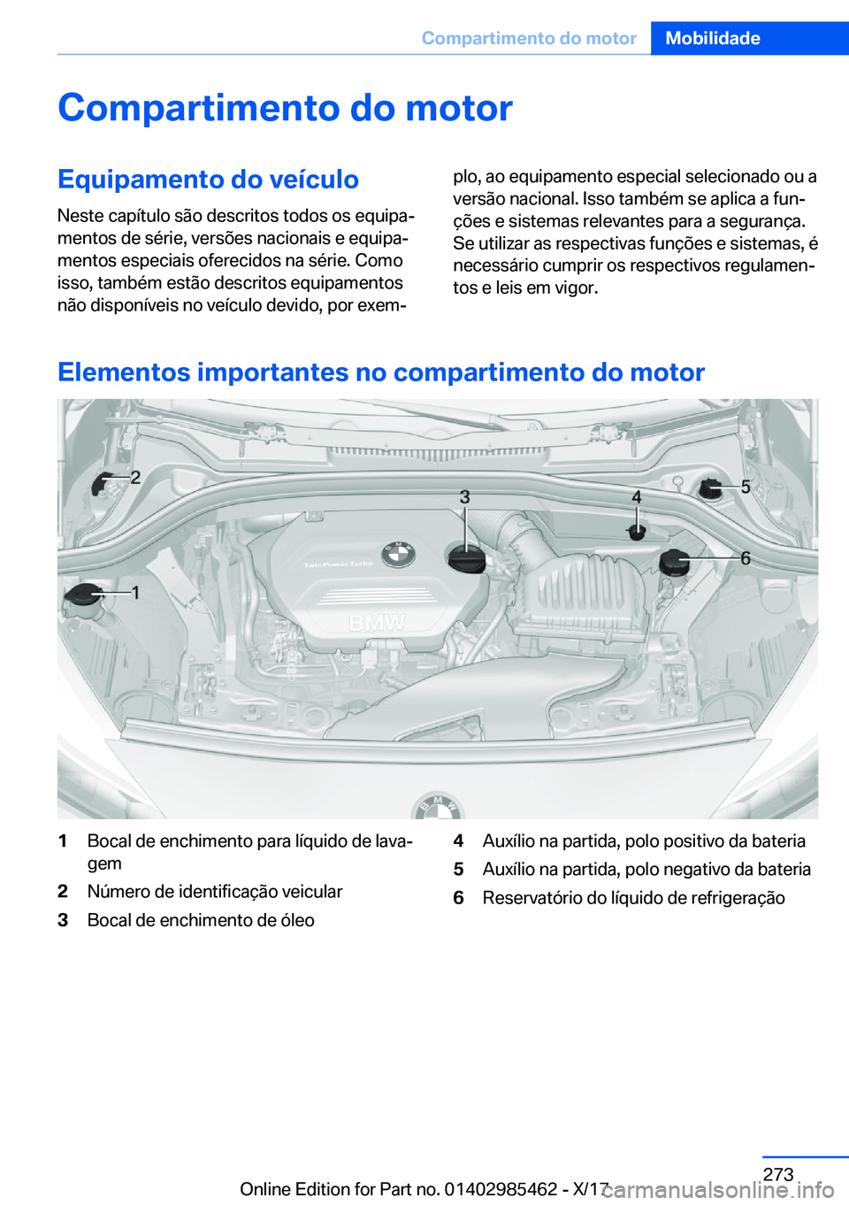 BMW X1 2018  Manual do condutor (in Portuguese) �C�o�m�p�a�r�t�i�m�e�n�t�o��d�o��m�o�t�o�r�E�q�u�i�p�a�m�e�n�t�o��d�o��v�e�