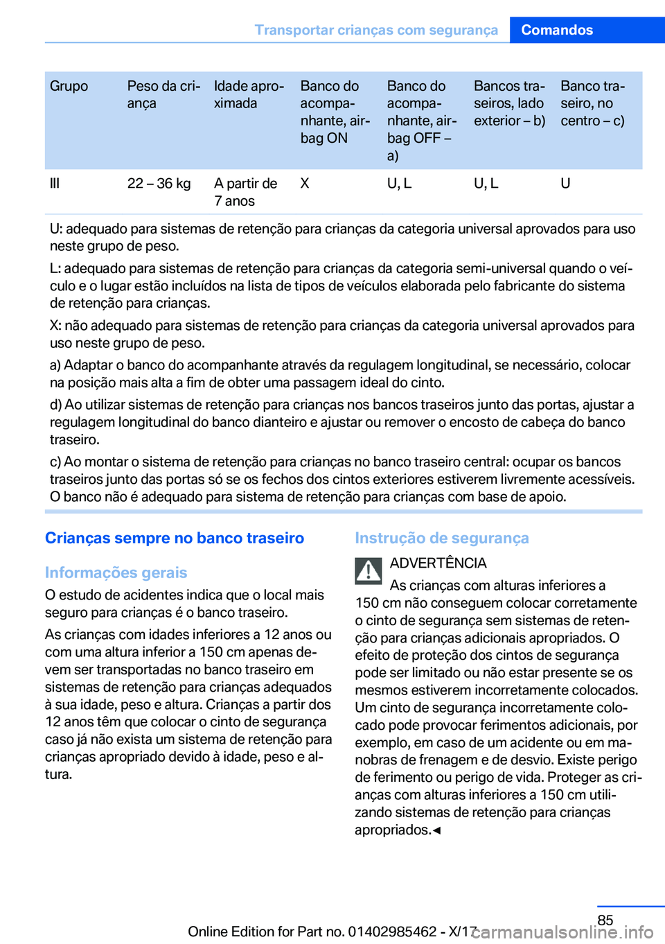 BMW X1 2018  Manual do condutor (in Portuguese) �G�r�u�p�o�P�e�s�o� �d�a� �c�r�iª
�a�n�