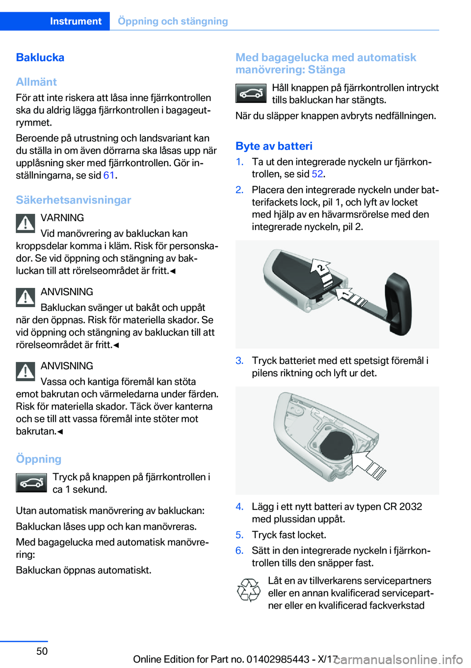 BMW X1 2018  InstruktionsbÖcker (in Swedish) �B�a�k�l�u�c�k�a
�A�l�l�m�ä�n�t
�F�