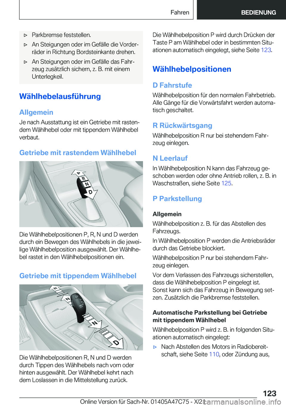 BMW X2 2022  Betriebsanleitungen (in German) x�P�a�r�k�b�r�e�m�s�e��f�e�s�t�s�t�e�l�l�e�n�.x�A�n��S�t�e�i�g�u�n�g�e�n��o�d�e�r��i�m��G�e�f�
