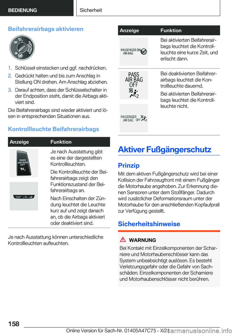 BMW X2 2022  Betriebsanleitungen (in German) �B�e�i�f�a�h�r�e�r�a�i�r�b�a�g�s��a�k�t�i�v�i�e�r�e�n�1�.�S�c�h�l�