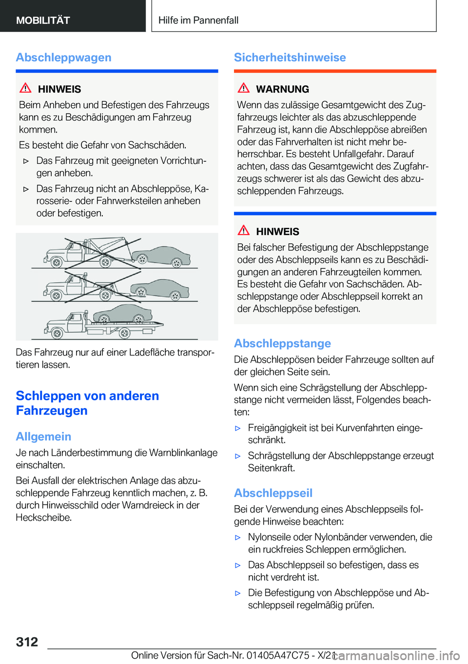 BMW X2 2022  Betriebsanleitungen (in German) �A�b�s�c�h�l�e�p�p�w�a�g�e�n
�H�I�N�W�E�I�S
�B�e�i�m��A�n�h�e�b�e�n��u�n�d��B�e�f�e�s�t�i�g�e�n��d�e�s��F�a�h�r�z�e�u�g�s
�k�a�n�n��e�s��z�u��B�e�s�c�h�