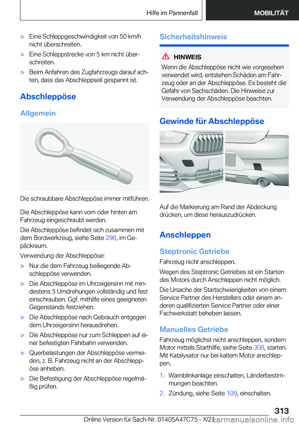 BMW X2 2022  Betriebsanleitungen (in German) x�E�i�n�e��S�c�h�l�e�p�p�g�e�s�c�h�w�i�n�d�i�g�k�e�i�t��v�o�n��5�0��k�m�/�h
�n�i�c�h�t��