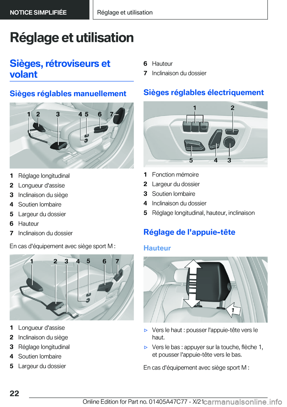 BMW X2 2022  Notices Demploi (in French) �R�é�g�l�a�g�e��e�t��u�t�i�l�i�s�a�t�i�o�n�S�i�è�g�e�s�,��r�é�t�r�o�v�i�s�e�u�r�s��e�t�v�o�l�a�n�t
�S�i�è�g�e�s��r�é�g�l�a�b�l�e�s��m�a�n�u�e�l�l�e�m�e�n�t
�1�R�é�g�l�a�g�e��l�o�n�g�i�t�u