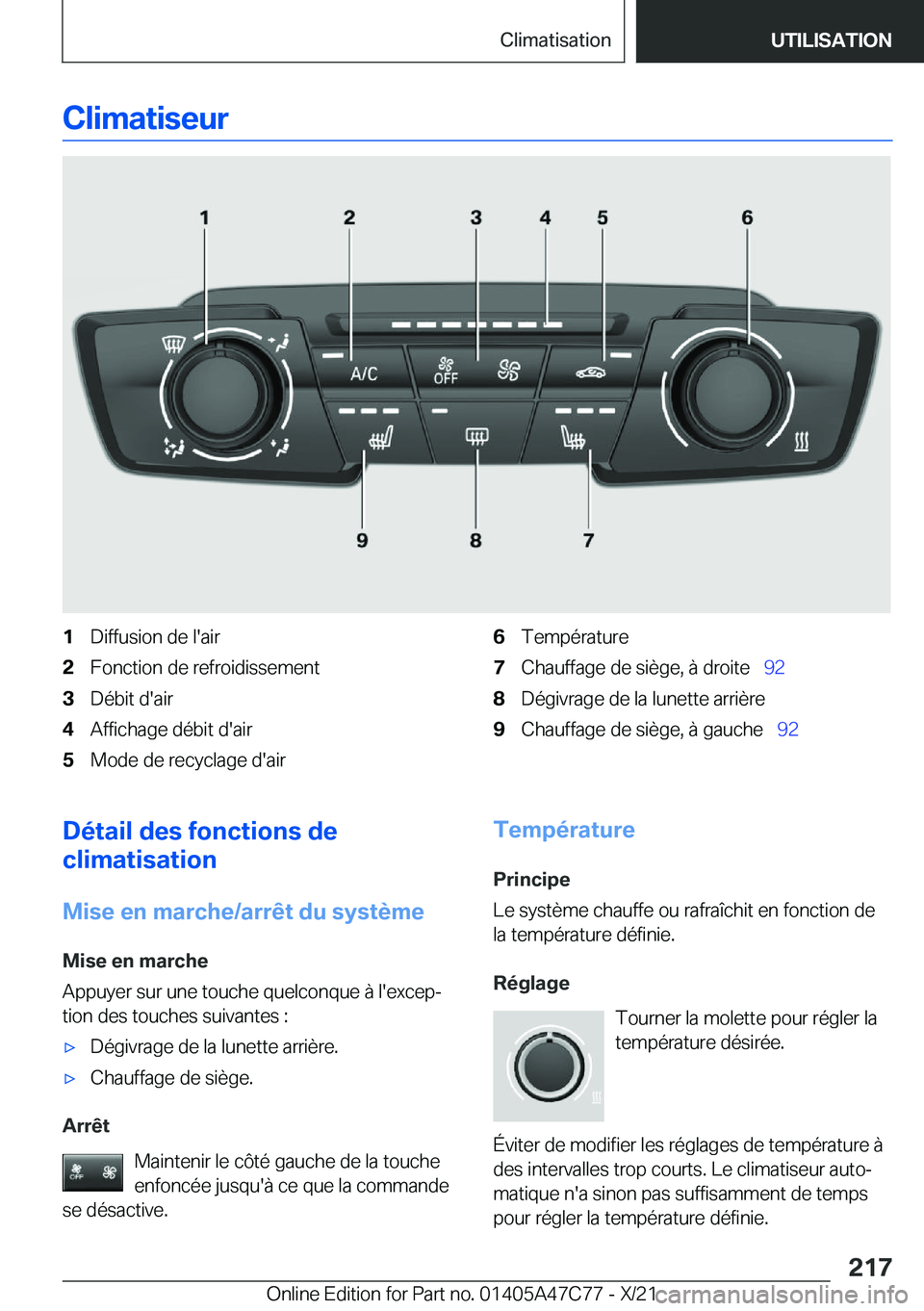 BMW X2 2022  Notices Demploi (in French) �C�l�i�m�a�t�i�s�e�u�r�1�D�i�f�f�u�s�i�o�n��d�e��l�'�a�i�r�2�F�o�n�c�t�i�o�n��d�e��r�e�f�r�o�i�d�i�s�s�e�m�e�n�t�3�D�é�b�i�t��d�'�a�i�r�4�A�f�f�i�c�h�a�g�e��d�é�b�i�t��d�'�a�i�r�5