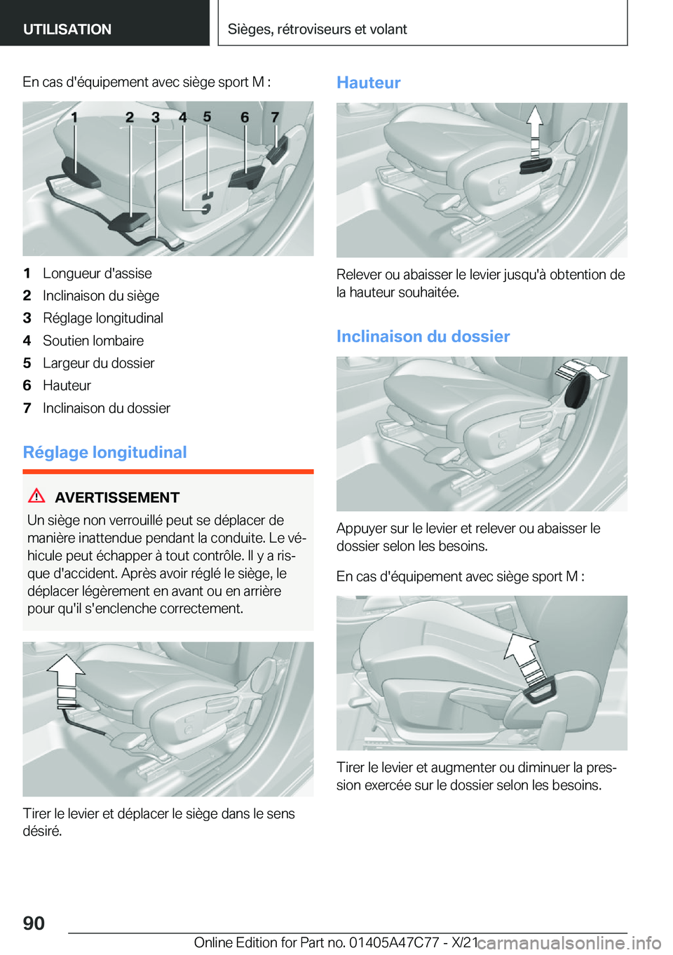 BMW X2 2022  Notices Demploi (in French) �E�n��c�a�s��d�'�é�q�u�i�p�e�m�e�n�t��a�v�e�c��s�i�è�g�e��s�p�o�r�t��M��:�1�L�o�n�g�u�e�u�r��d�'�a�s�s�i�s�e�2�I�n�c�l�i�n�a�i�s�o�n��d�u��s�i�è�g�e�3�R�é�g�l�a�g�e��l�o�n�g�i�t