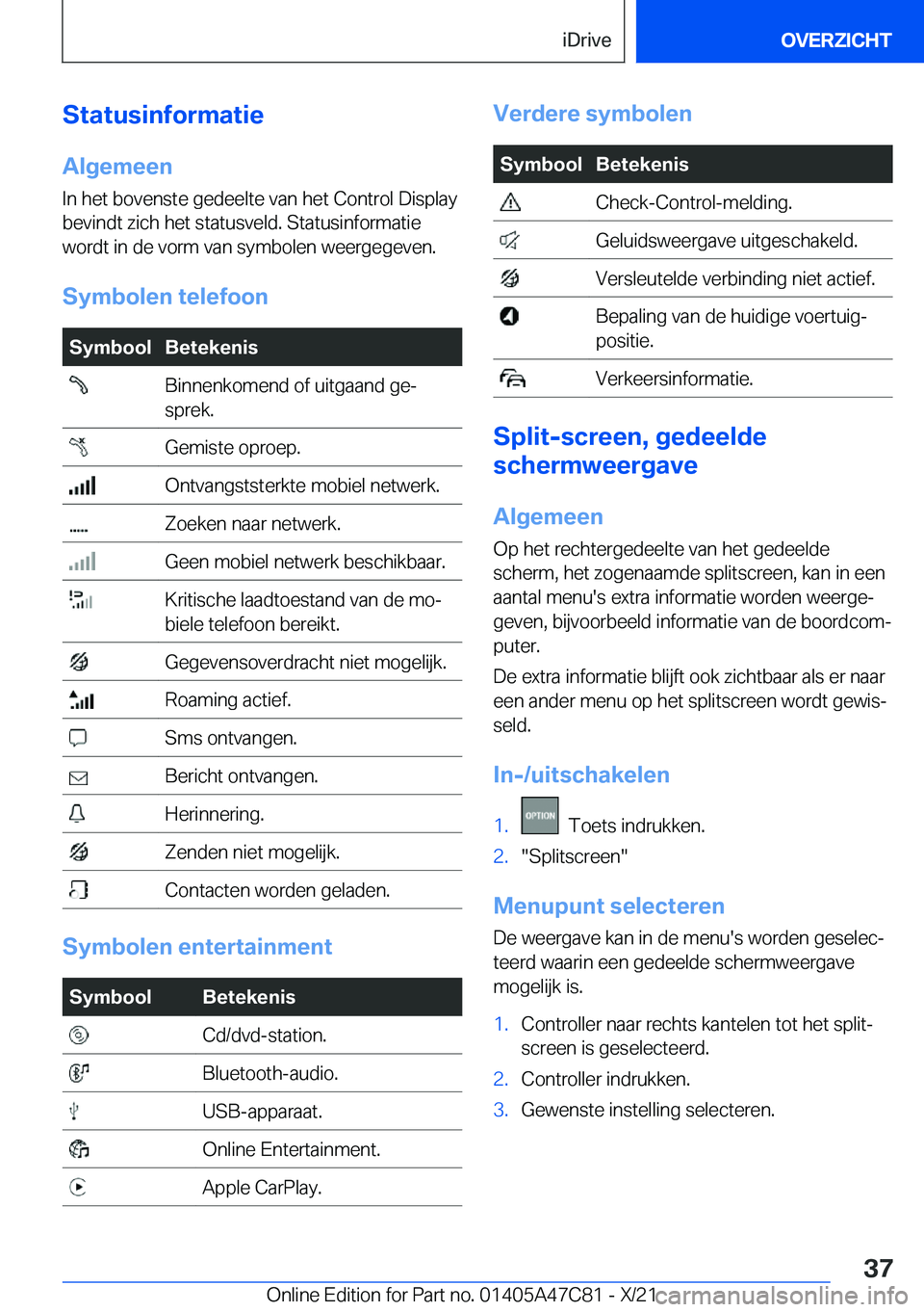 BMW X2 2022  Instructieboekjes (in Dutch) �S�t�a�t�u�s�i�n�f�o�r�m�a�t�i�e
�A�l�g�e�m�e�e�n �I�n��h�e�t��b�o�v�e�n�s�t�e��g�e�d�e�e�l�t�e��v�a�n��h�e�t��C�o�n�t�r�o�l��D�i�s�p�l�a�y�b�e�v�i�n�d�t��z�i�c�h��h�e�t��s�t�a�t�u�s�v�e�l�d