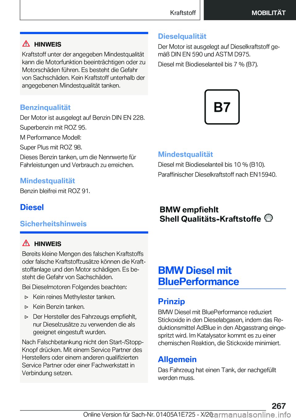 BMW X2 2021  Betriebsanleitungen (in German) �H�I�N�W�E�I�S
�K�r�a�f�t�s�t�o�f�f��u�n�t�e�r��d�e�r��a�n�g�e�g�e�b�e�n��M�i�n�d�e�s�t�q�u�a�l�i�t�