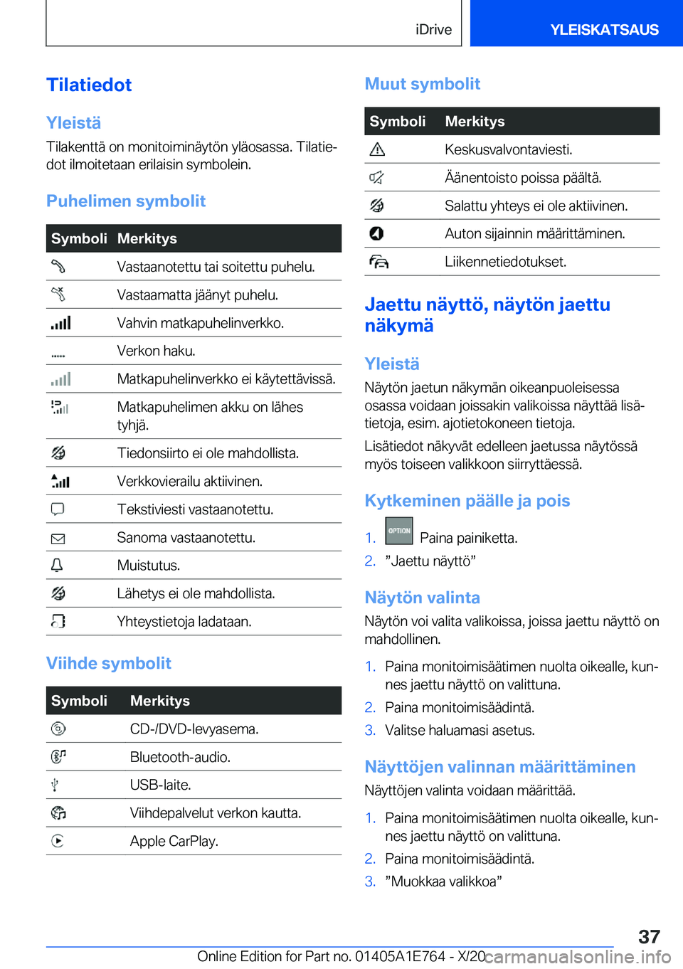 BMW X2 2021  Omistajan Käsikirja (in Finnish) �T�i�l�a�t�i�e�d�o�t
�Y�l�e�i�s�t�