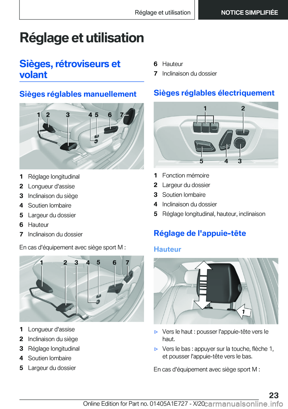 BMW X2 2021  Notices Demploi (in French) �R�é�g�l�a�g�e��e�t��u�t�i�l�i�s�a�t�i�o�n�S�i�è�g�e�s�,��r�é�t�r�o�v�i�s�e�u�r�s��e�t�v�o�l�a�n�t
�S�i�è�g�e�s��r�é�g�l�a�b�l�e�s��m�a�n�u�e�l�l�e�m�e�n�t
�1�R�é�g�l�a�g�e��l�o�n�g�i�t�u