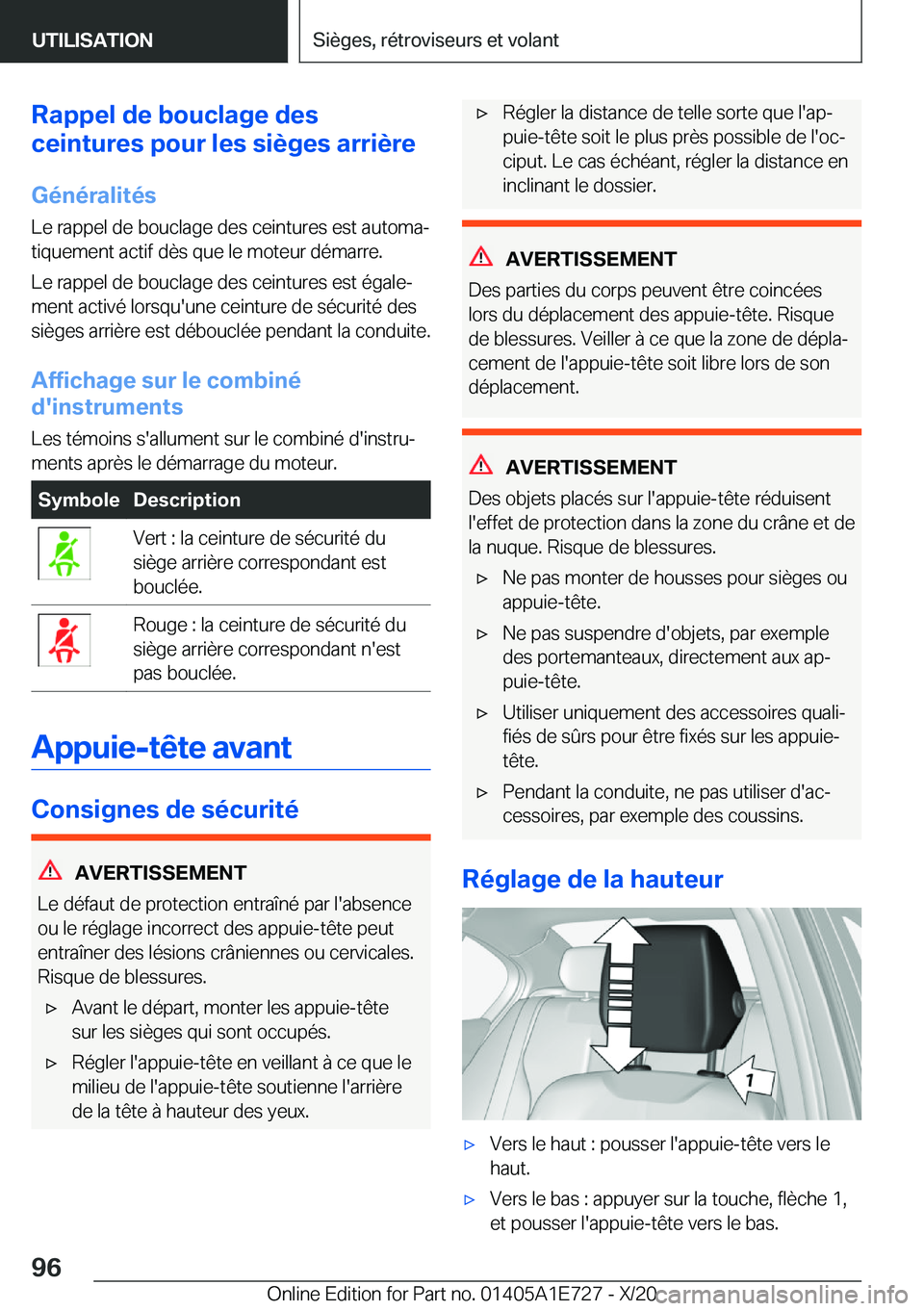 BMW X2 2021  Notices Demploi (in French) �R�a�p�p�e�l��d�e��b�o�u�c�l�a�g�e��d�e�s
�c�e�i�n�t�u�r�e�s��p�o�u�r��l�e�s��s�i�è�g�e�s��a�r�r�i�è�r�e
�G�é�n�é�r�a�l�i�t�é�s
�L�e��r�a�p�p�e�l��d�e��b�o�u�c�l�a�g�e��d�e�s��c�e�i�n