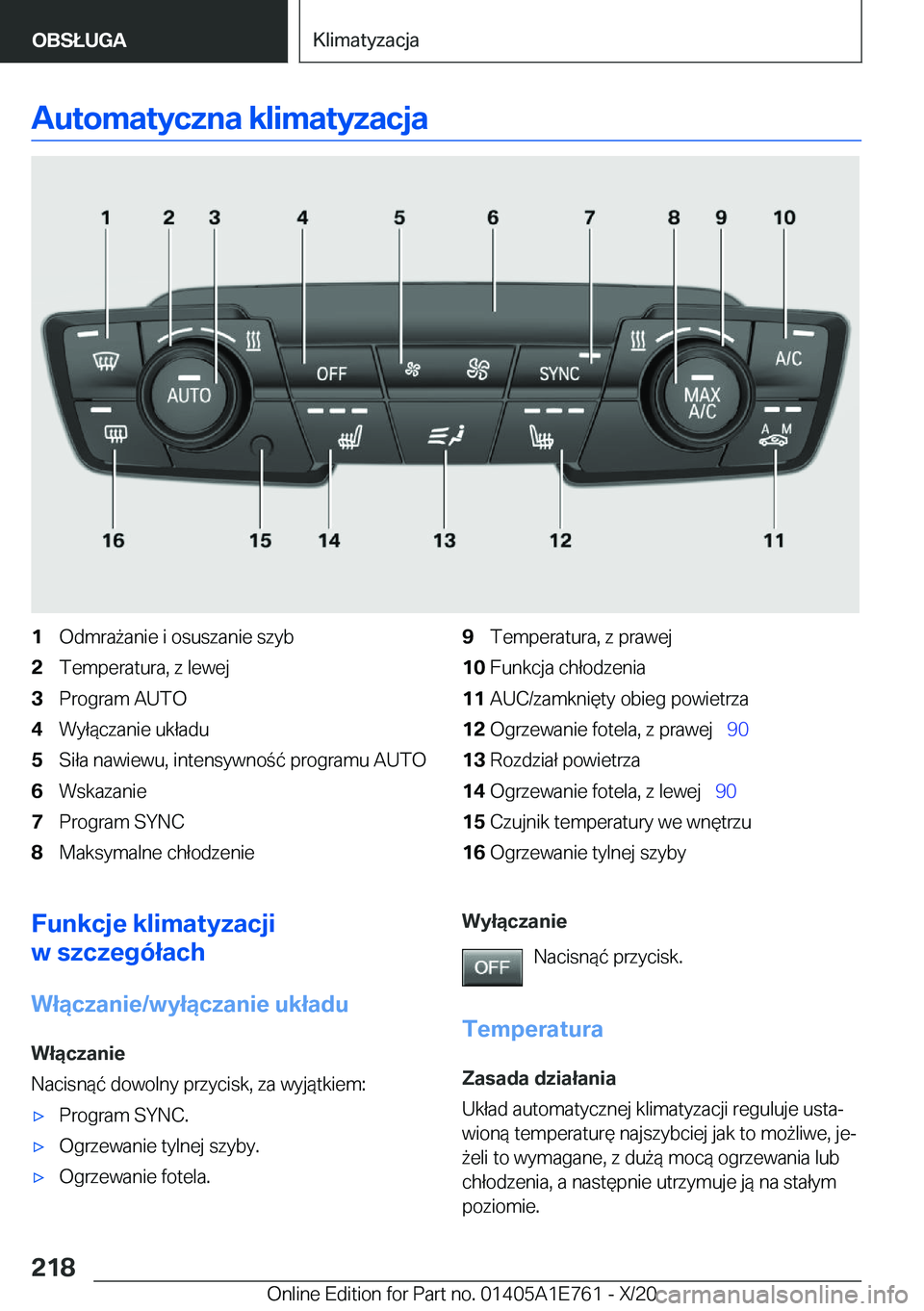 BMW X2 2021  Instrukcja obsługi (in Polish) �A�u�t�o�m�a�t�y�c�z�n�a��k�l�i�m�a�t�y�z�a�c�j�a�1�O�d�m�r�a9�a�n�i�e��i��o�s�u�s�z�a�n�i�e��s�z�y�b�2�T�e�m�p�e�r�a�t�u�r�a�,��z��l�e�w�e�j�3�P�r�o�g�r�a�m��A�U�T�O�4�W�y�ł�