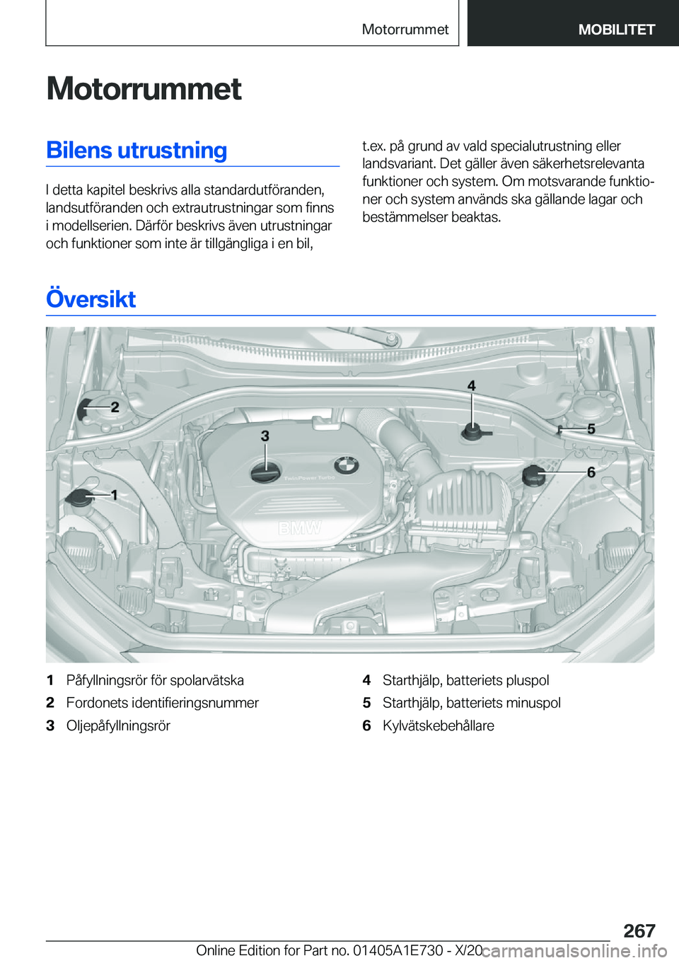 BMW X2 2021  InstruktionsbÖcker (in Swedish) �M�o�t�o�r�r�u�m�m�e�t�B�i�l�e�n�s��u�t�r�u�s�t�n�i�n�g
�I��d�e�t�t�a��k�a�p�i�t�e�l��b�e�s�k�r�i�v�s��a�l�l�a��s�t�a�n�d�a�r�d�u�t�f�