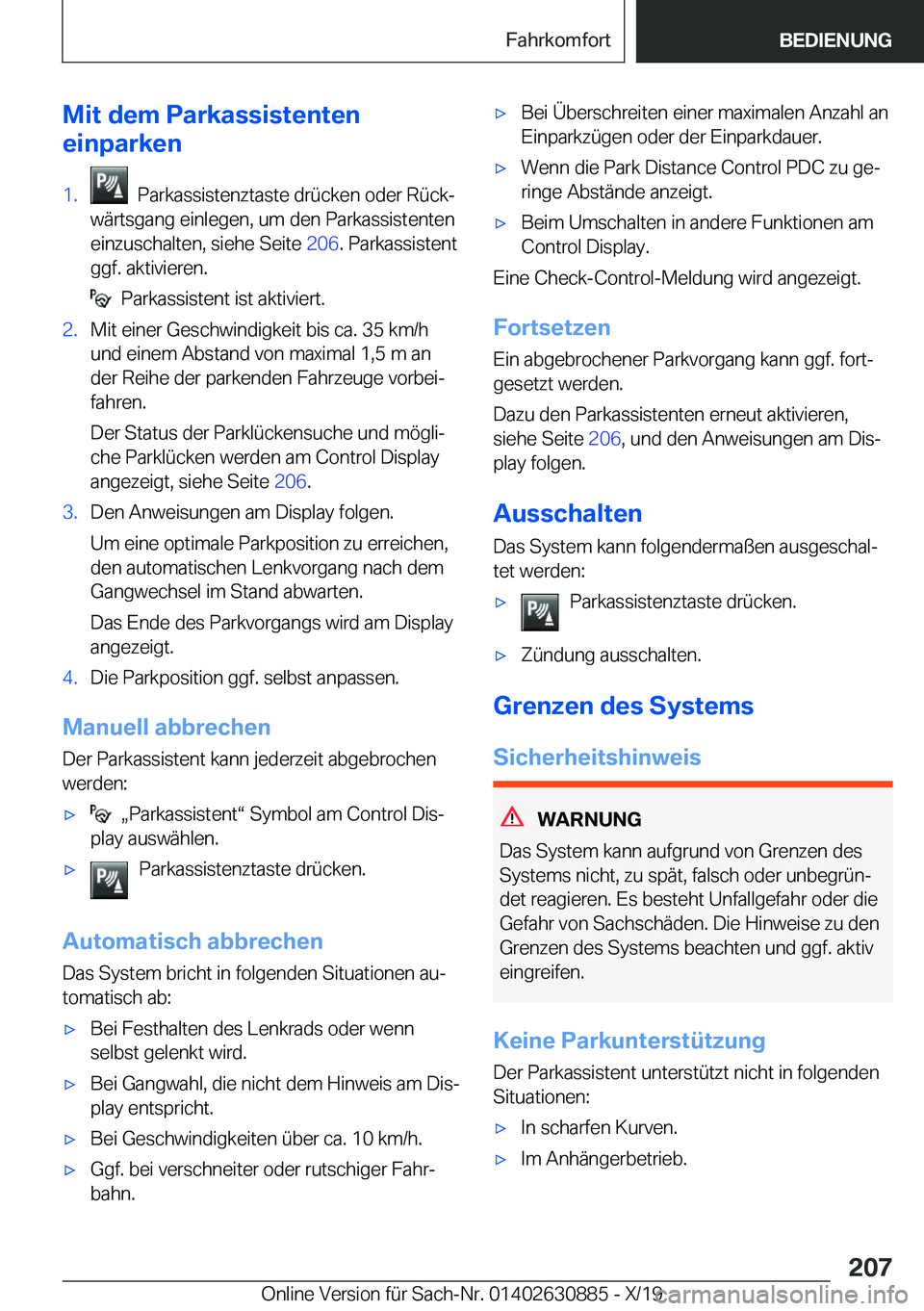 BMW X2 2020  Betriebsanleitungen (in German) �M�i�t��d�e�m��P�a�r�k�a�s�s�i�s�t�e�n�t�e�n
�e�i�n�p�a�r�k�e�n�1�.���P�a�r�k�a�s�s�i�s�t�e�n�z�t�a�s�t�e��d�r�