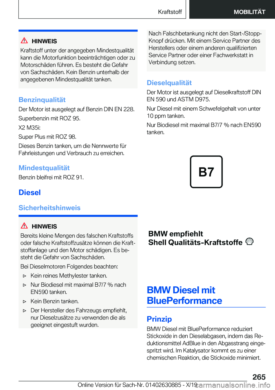 BMW X2 2020  Betriebsanleitungen (in German) �H�I�N�W�E�I�S
�K�r�a�f�t�s�t�o�f�f��u�n�t�e�r��d�e�r��a�n�g�e�g�e�b�e�n��M�i�n�d�e�s�t�q�u�a�l�i�t�