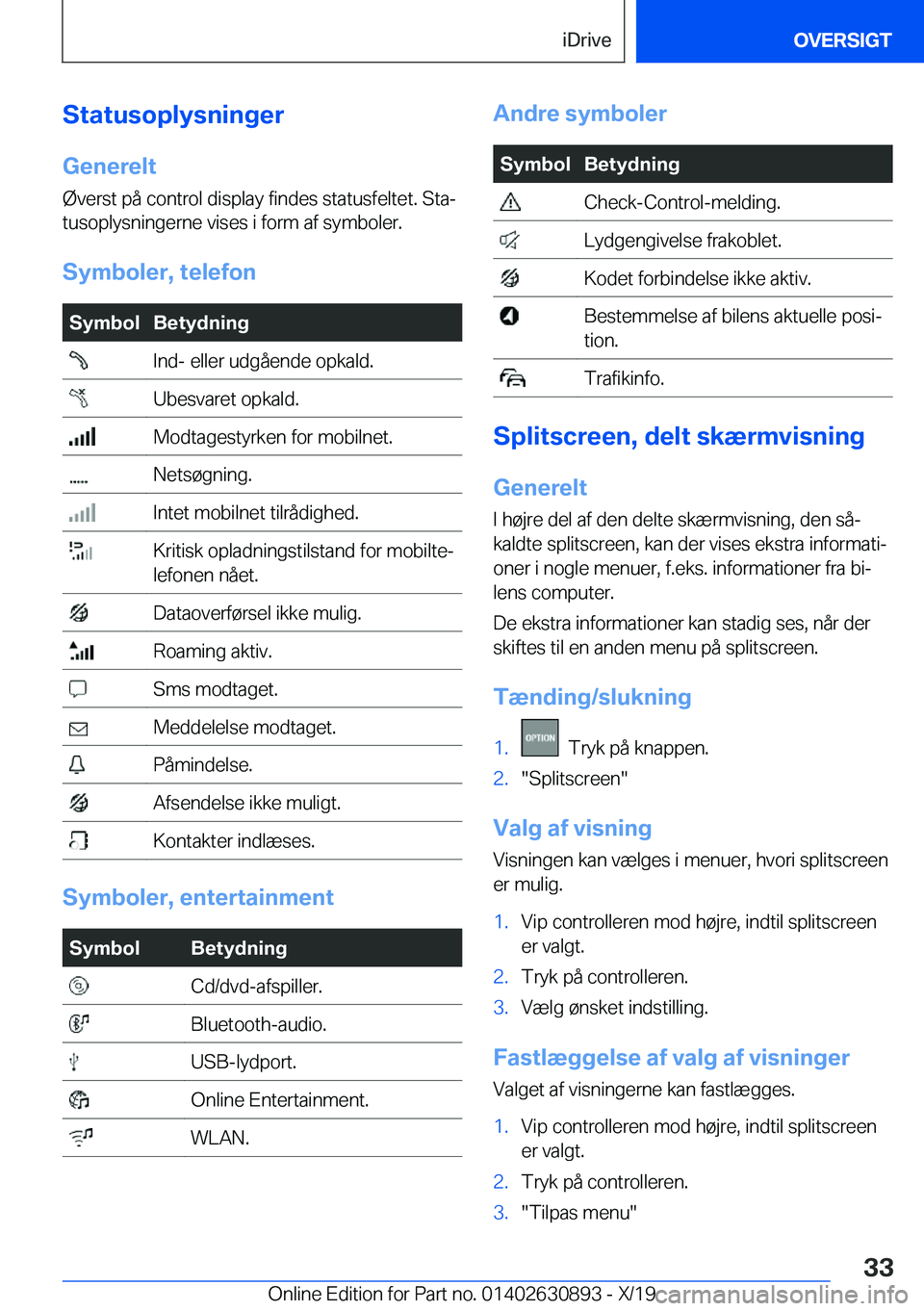 BMW X2 2020  InstruktionsbØger (in Danish) �S�t�a�t�u�s�o�p�l�y�s�n�i�n�g�e�r�G�e�n�e�r�e�l�t
�