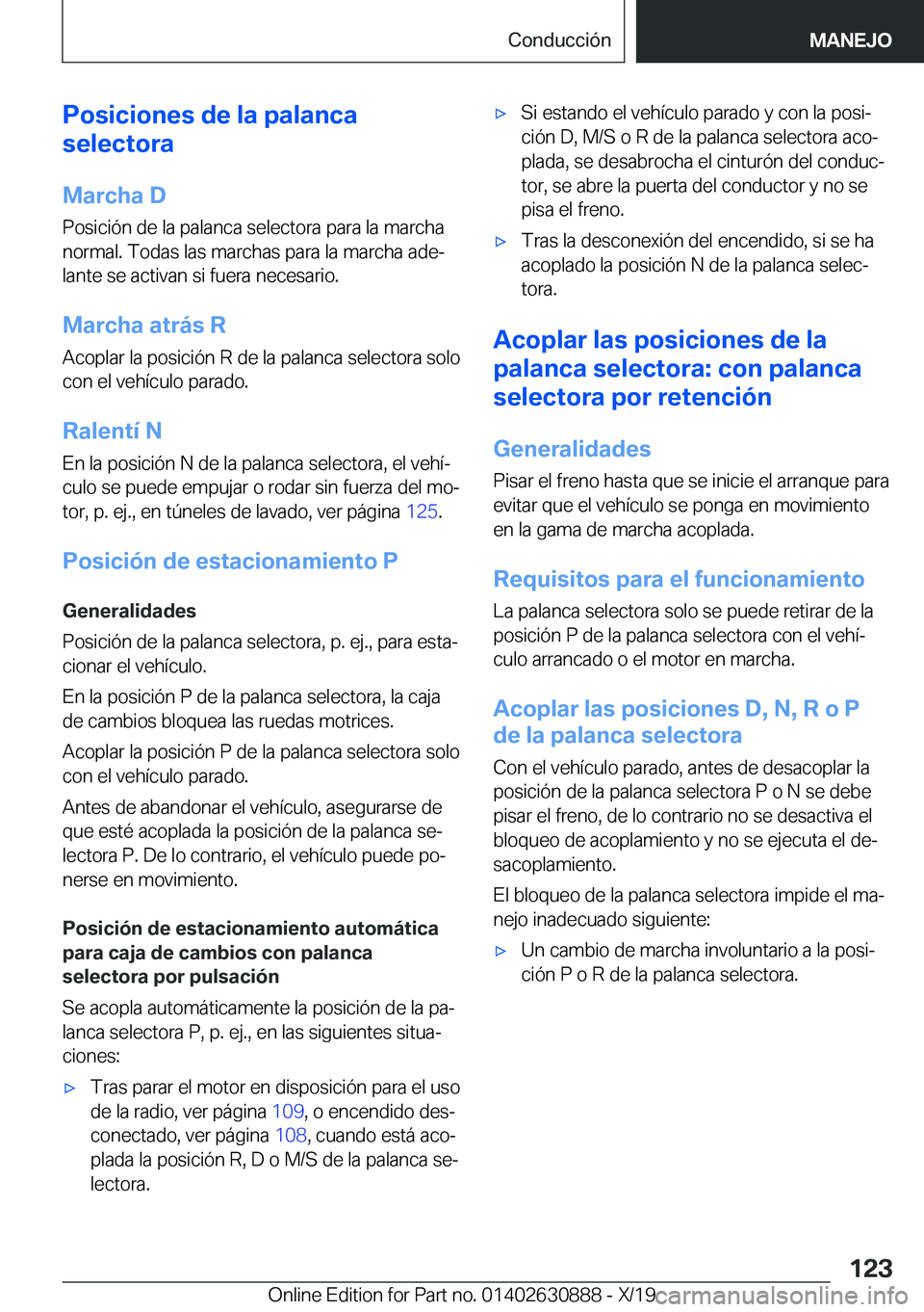 BMW X2 2020  Manuales de Empleo (in Spanish) �P�o�s�i�c�i�o�n�e�s��d�e��l�a��p�a�l�a�n�c�a
�s�e�l�e�c�t�o�r�a
�M�a�r�c�h�a��D�P�o�s�i�c�i�