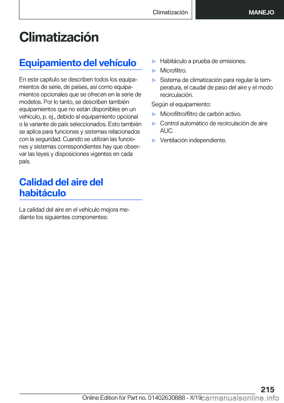 BMW X2 2020  Manuales de Empleo (in Spanish) �C�l�i�m�a�t�i�z�a�c�i�