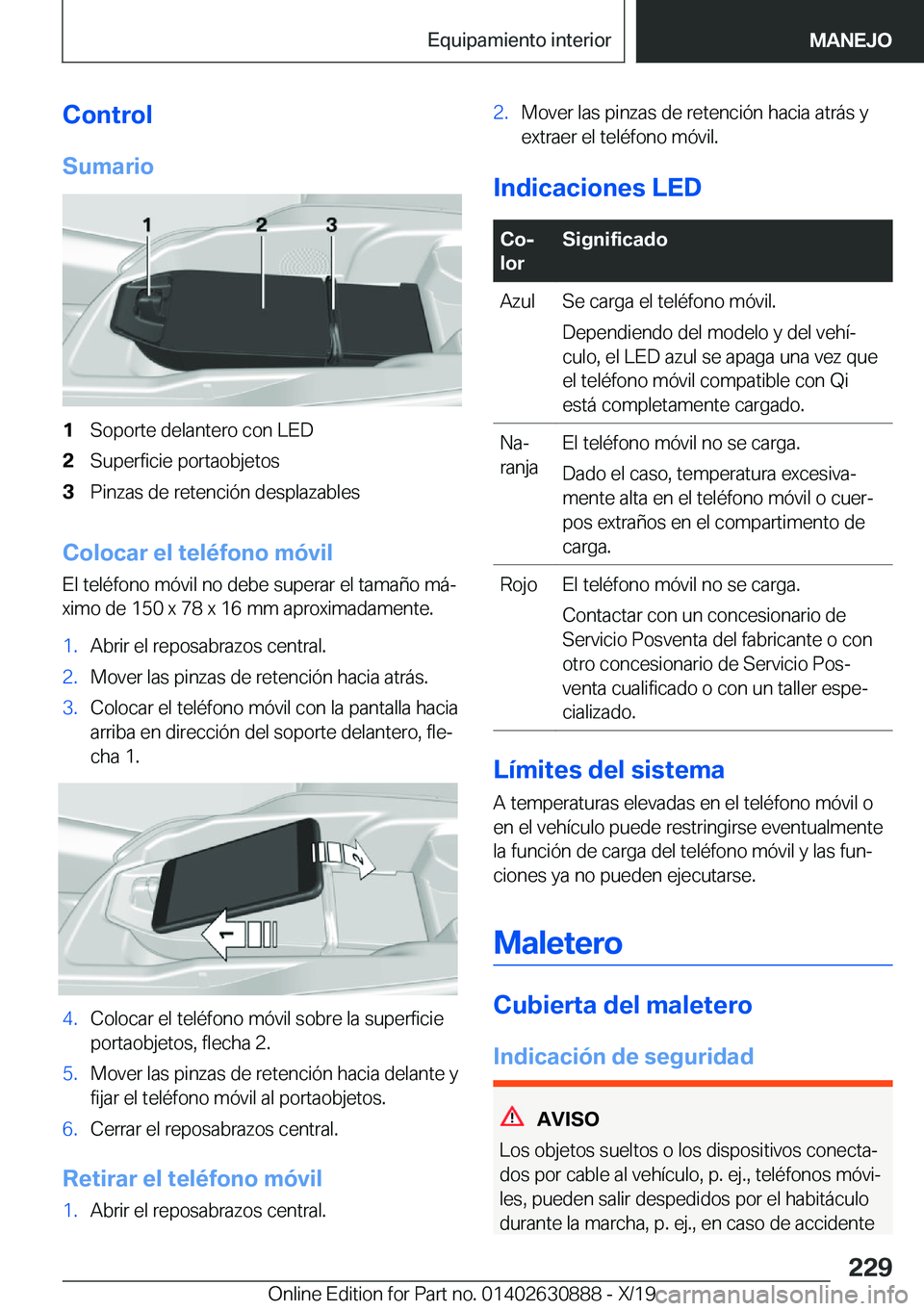 BMW X2 2020  Manuales de Empleo (in Spanish) �C�o�n�t�r�o�l
�S�u�m�a�r�i�o�1�S�o�p�o�r�t�e��d�e�l�a�n�t�e�r�o��c�o�n��L�E�D�2�S�u�p�e�r�f�i�c�i�e��p�o�r�t�a�o�b�j�e�t�o�s�3�P�i�n�z�a�s��d�e��r�e�t�e�n�c�i�