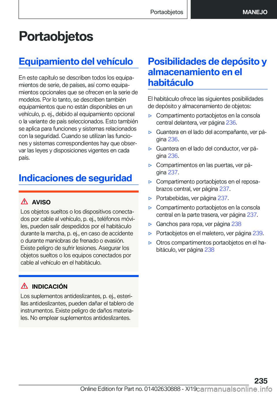 BMW X2 2020  Manuales de Empleo (in Spanish) �P�o�r�t�a�o�b�j�e�t�o�s�E�q�u�i�p�a�m�i�e�n�t�o��d�e�l��v�e�h�
