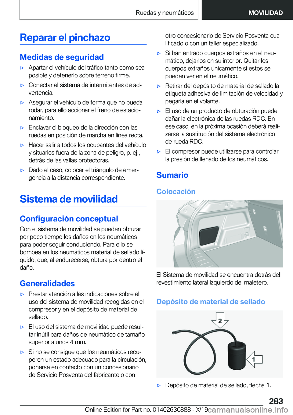 BMW X2 2020  Manuales de Empleo (in Spanish) �R�e�p�a�r�a�r��e�l��p�i�n�c�h�a�z�o
�M�e�d�i�d�a�s��d�e��s�e�g�u�r�i�d�a�d
x�A�p�a�r�t�a�r��e�l��v�e�h�