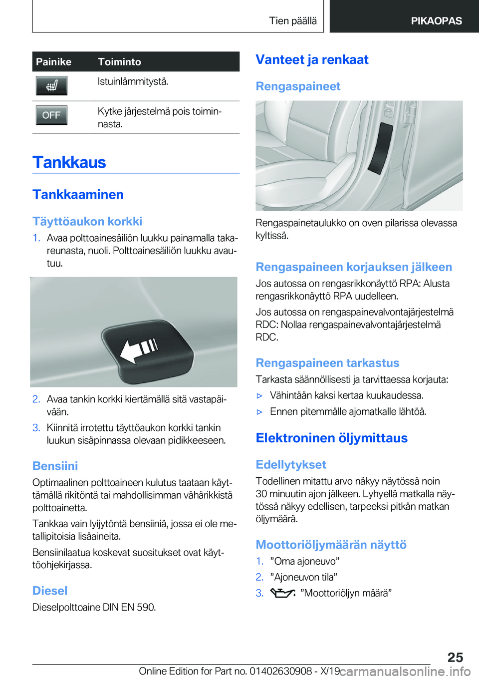 BMW X2 2020  Omistajan Käsikirja (in Finnish) �P�a�i�n�i�k�e�T�o�i�m�i�n�t�o�I�s�t�u�i�n�l�