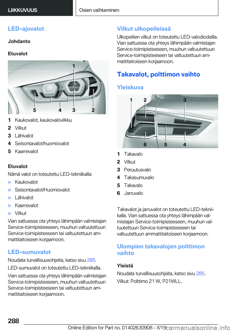 BMW X2 2020  Omistajan Käsikirja (in Finnish) �L�E�D�-�a�j�o�v�a�l�o�t�J�o�h�d�a�n�t�o
�E�t�u�v�a�l�o�t�1�K�a�u�k�o�v�a�l�o�t�,��k�a�u�k�o�v�a�l�o�v�i�l�k�k�u�2�V�i�l�k�u�t�3�L�