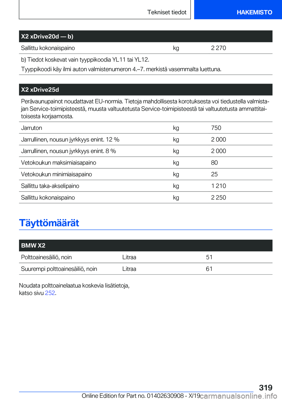 BMW X2 2020  Omistajan Käsikirja (in Finnish) �X�2��x�D�r�i�v�e�2�0�d�n��b�
�S�a�l�l�i�t�t�u��k�o�k�o�n�a�i�s�p�a�i�n�o�k�g�2��2�7�0�b�)��T�i�e�d�o�t��k�o�s�k�e�v�a�t��v�a�i�n��t�y�y�p�p�i�k�o�o�d�i�a��Y�L�1�1��t�a�i��Y�L�1�2�.�T�y�y