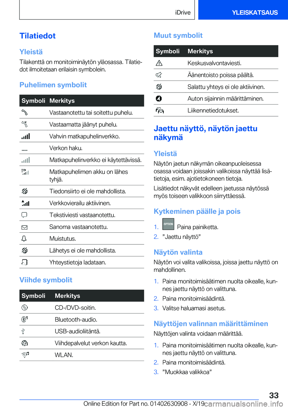BMW X2 2020  Omistajan Käsikirja (in Finnish) �T�i�l�a�t�i�e�d�o�t
�Y�l�e�i�s�t�