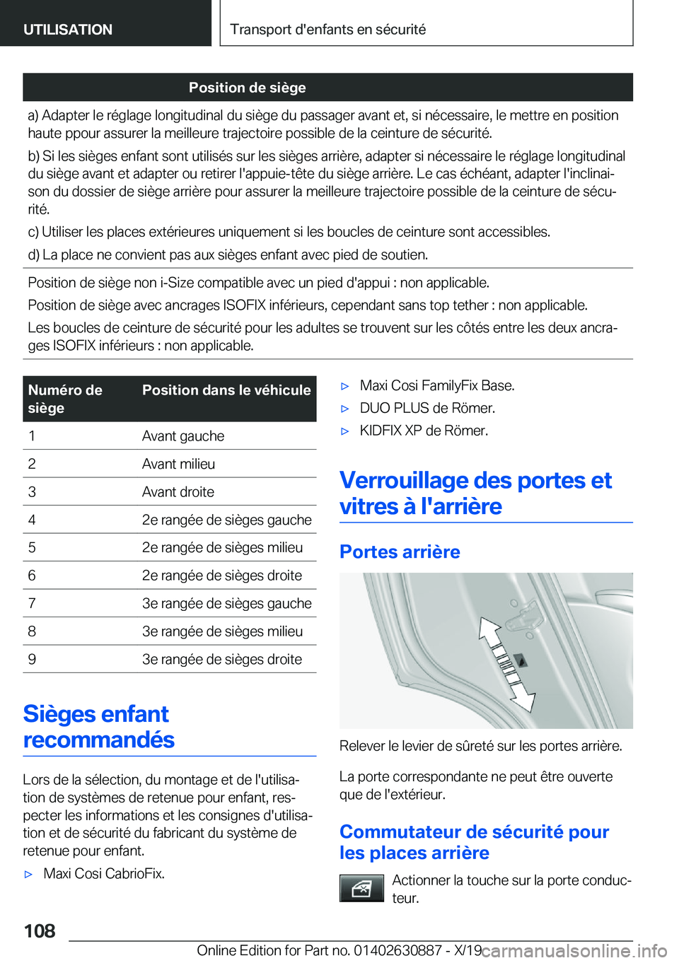 BMW X2 2020  Notices Demploi (in French) �P�o�s�i�t�i�o�n��d�e��s�i�è�g�e�a�)��A�d�a�p�t�e�r��l�e��r�é�g�l�a�g�e��l�o�n�g�i�t�u�d�i�n�a�l��d�u��s�i�è�g�e��d�u��p�a�s�s�a�g�e�r��a�v�a�n�t��e�t�,��s�i��n�é�c�e�s�s�a�i�r�e�,�