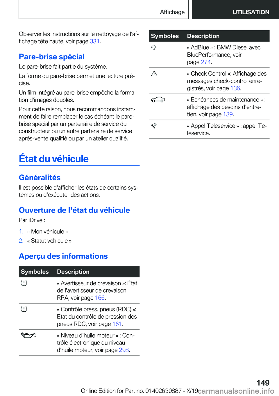 BMW X2 2020  Notices Demploi (in French) �O�b�s�e�r�v�e�r��l�e�s��i�n�s�t�r�u�c�t�i�o�n�s��s�u�r��l�e��n�e�t�t�o�y�a�g�e��d�e��l�'�a�fj
�f�i�c�h�a�g�e��t�ê�t�e��h�a�u�t�e�,��v�o�i�r��p�a�g�e� �3�3�1�.
�P�a�r�e�-�b�r�i�s�e�