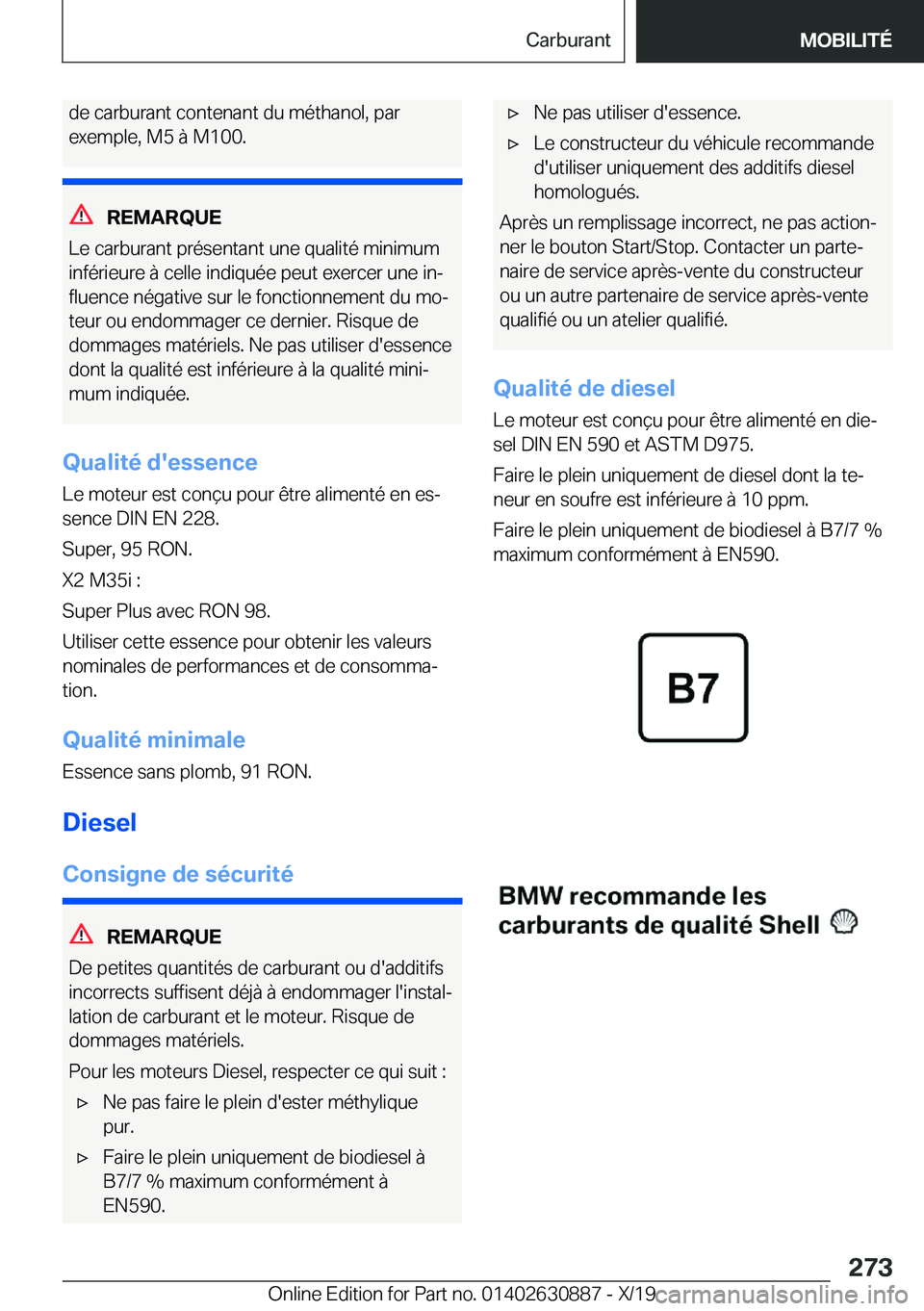 BMW X2 2020  Notices Demploi (in French) �d�e��c�a�r�b�u�r�a�n�t��c�o�n�t�e�n�a�n�t��d�u��m�é�t�h�a�n�o�l�,��p�a�r�e�x�e�m�p�l�e�,��M�5��