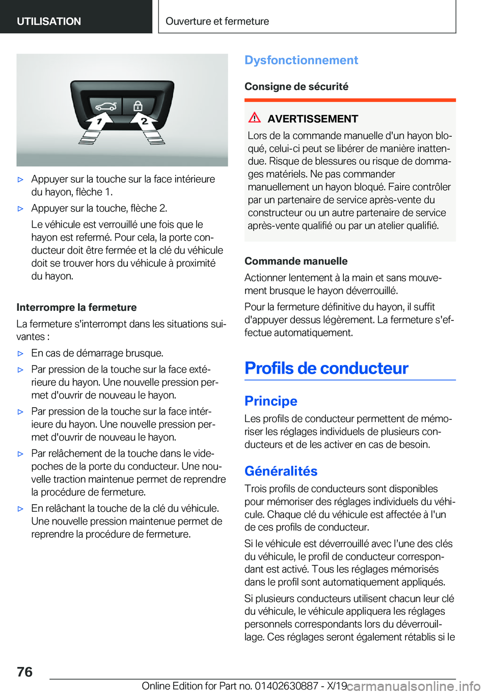 BMW X2 2020  Notices Demploi (in French) 'x�A�p�p�u�y�e�r��s�u�r��l�a��t�o�u�c�h�e��s�u�r��l�a��f�a�c�e��i�n�t�é�r�i�e�u�r�e
�d�u��h�a�y�o�n�,��f�l�è�c�h�e��1�.'x�A�p�p�u�y�e�r��s�u�r��l�a��t�o�u�c�h�e�,��f�l�è�c�h�e