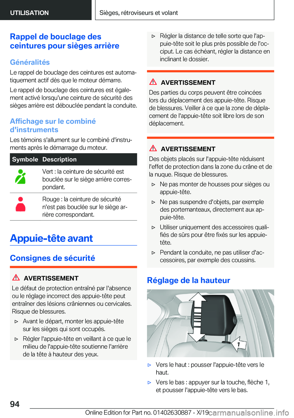 BMW X2 2020  Notices Demploi (in French) �R�a�p�p�e�l��d�e��b�o�u�c�l�a�g�e��d�e�s
�c�e�i�n�t�u�r�e�s��p�o�u�r��s�i�è�g�e�s��a�r�r�i�è�r�e
�G�é�n�é�r�a�l�i�t�é�s
�L�e��r�a�p�p�e�l��d�e��b�o�u�c�l�a�g�e��d�e�s��c�e�i�n�t�u�r�e