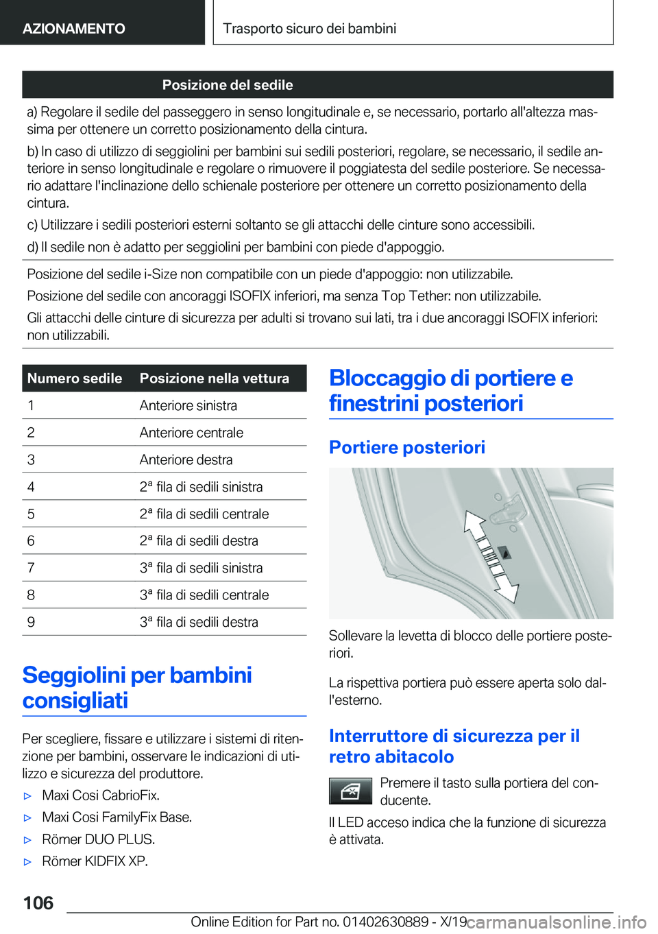 BMW X2 2020  Libretti Di Uso E manutenzione (in Italian) �P�o�s�i�z�i�o�n�e��d�e�l��s�e�d�i�l�e�a�)��R�e�g�o�l�a�r�e��i�l��s�e�d�i�l�e��d�e�l��p�a�s�s�e�g�g�e�r�o��i�n��s�e�n�s�o��l�o�n�g�i�t�u�d�i�n�a�l�e��e�,��s�e��n�e�c�e�s�s�a�r�i�o�,��p�o