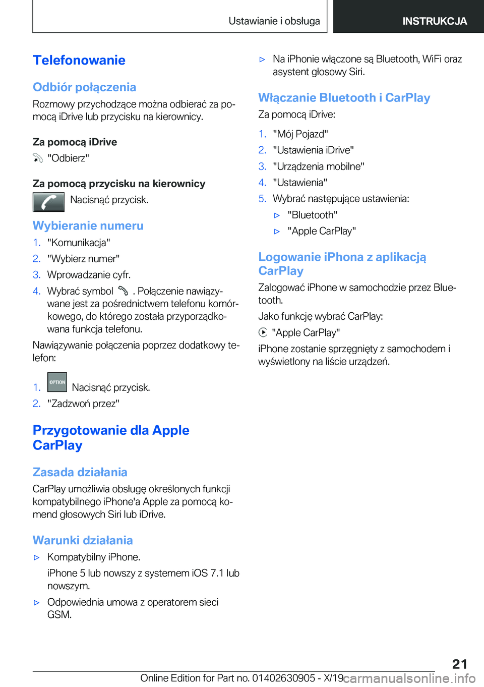 BMW X2 2020  Instrukcja obsługi (in Polish) �T�e�l�e�f�o�n�o�w�a�n�i�e�O�d�b�i�