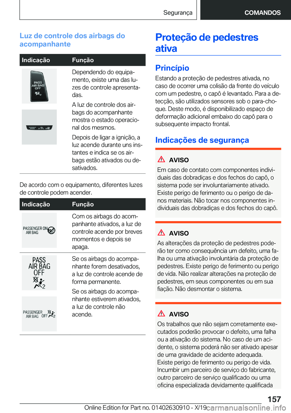 BMW X2 2020  Manual do condutor (in Portuguese) �L�u�z��d�e��c�o�n�t�r�o�l�e��d�o�s��a�i�r�b�a�g�s��d�o
�a�c�o�m�p�a�n�h�a�n�t�e�I�n�d�i�c�a�