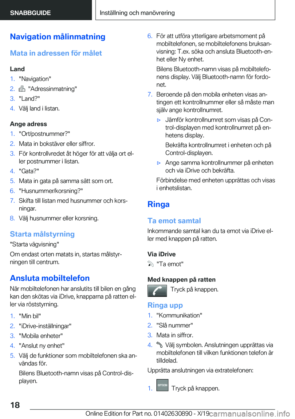 BMW X2 2020  InstruktionsbÖcker (in Swedish) �N�a�v�i�g�a�t�i�o�n��m�å�l�i�n�m�a�t�n�i�n�g�M�a�t�a��i�n��a�d�r�e�s�s�e�n��f�