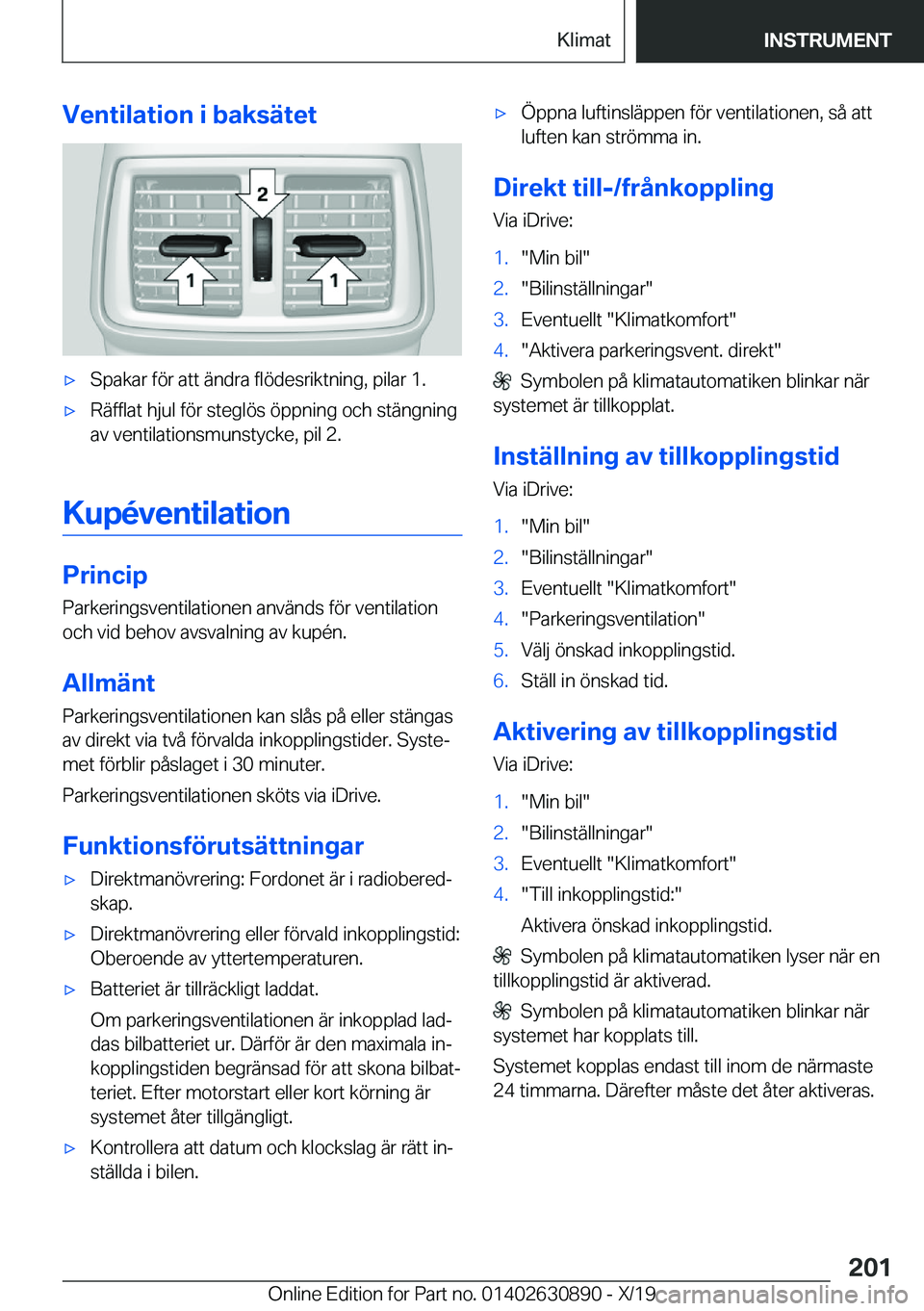 BMW X2 2020  InstruktionsbÖcker (in Swedish) �V�e�n�t�i�l�a�t�i�o�n��i��b�a�k�s�ä�t�e�tx�S�p�a�k�a�r��f�