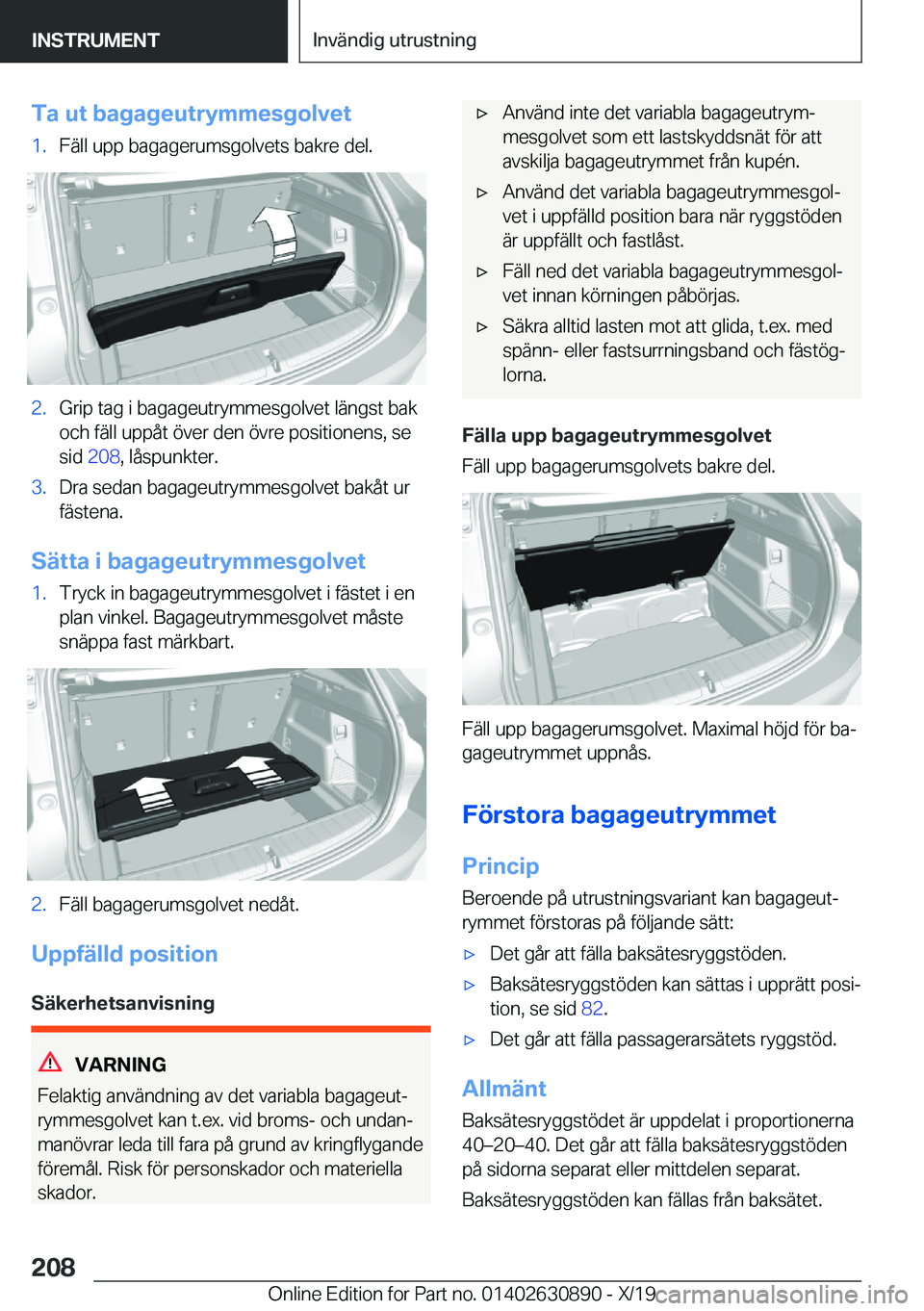 BMW X2 2020  InstruktionsbÖcker (in Swedish) �T�a��u�t��b�a�g�a�g�e�u�t�r�y�m�m�e�s�g�o�l�v�e�t�1�.�F�ä�l�l��u�p�p��b�a�g�a�g�e�r�u�m�s�g�o�l�v�e�t�s��b�a�k�r�e��d�e�l�.�2�.�G�r�i�p��t�a�g��i��b�a�g�a�g�e�u�t�r�y�m�m�e�s�g�o�l�v�e�t��