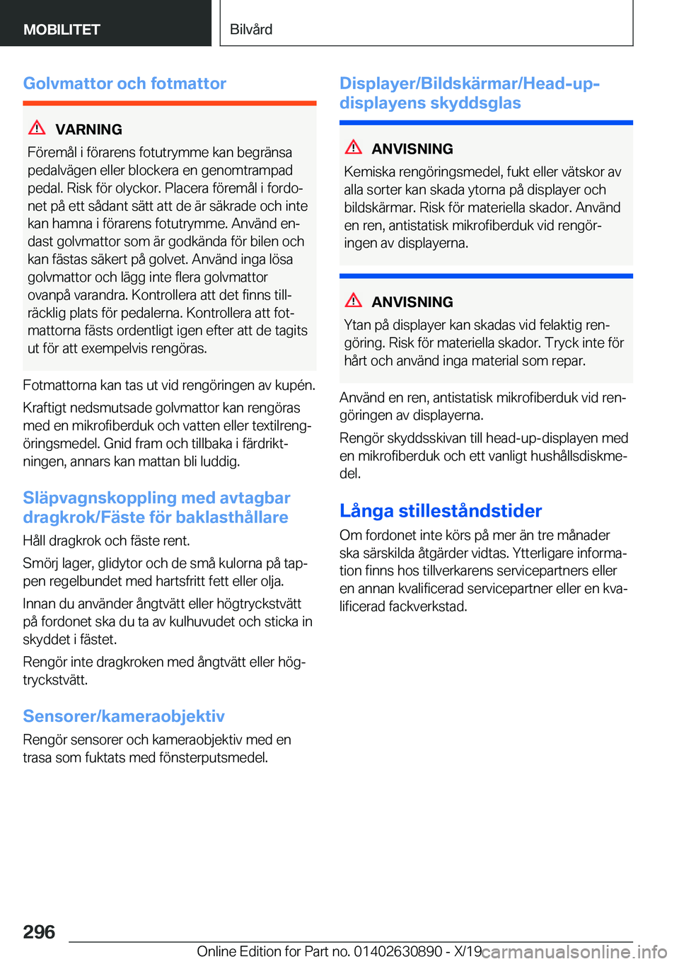 BMW X2 2020  InstruktionsbÖcker (in Swedish) �G�o�l�v�m�a�t�t�o�r��o�c�h��f�o�t�m�a�t�t�o�r
�V�A�R�N�I�N�G
�F�