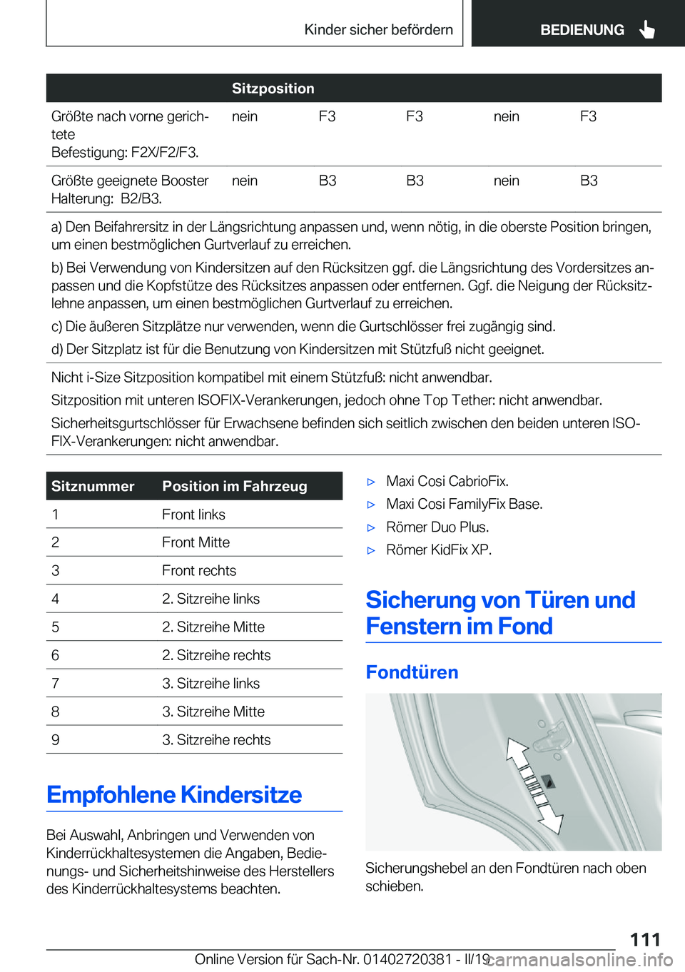 BMW X2 2019  Betriebsanleitungen (in German) �S�i�t�z�p�o�s�i�t�i�o�n�G�r�