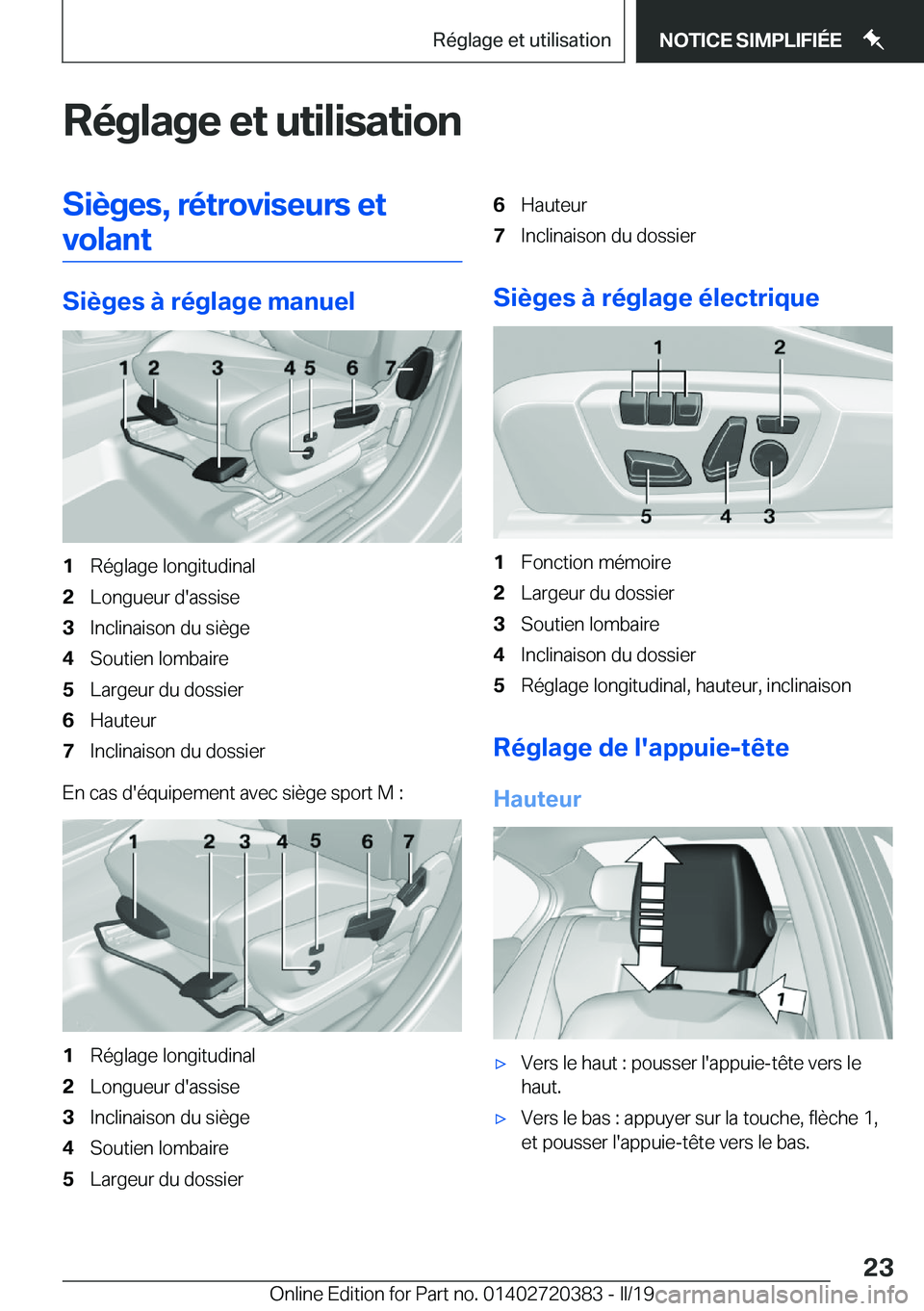 BMW X2 2019  Notices Demploi (in French) �R�é�g�l�a�g�e��e�t��u�t�i�l�i�s�a�t�i�o�n�S�i�è�g�e�s�,��r�é�t�r�o�v�i�s�e�u�r�s��e�t�v�o�l�a�n�t
�S�i�è�g�e�s��