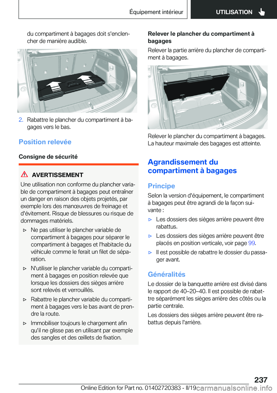 BMW X2 2019  Notices Demploi (in French) �d�u��c�o�m�p�a�r�t�i�m�e�n�t��