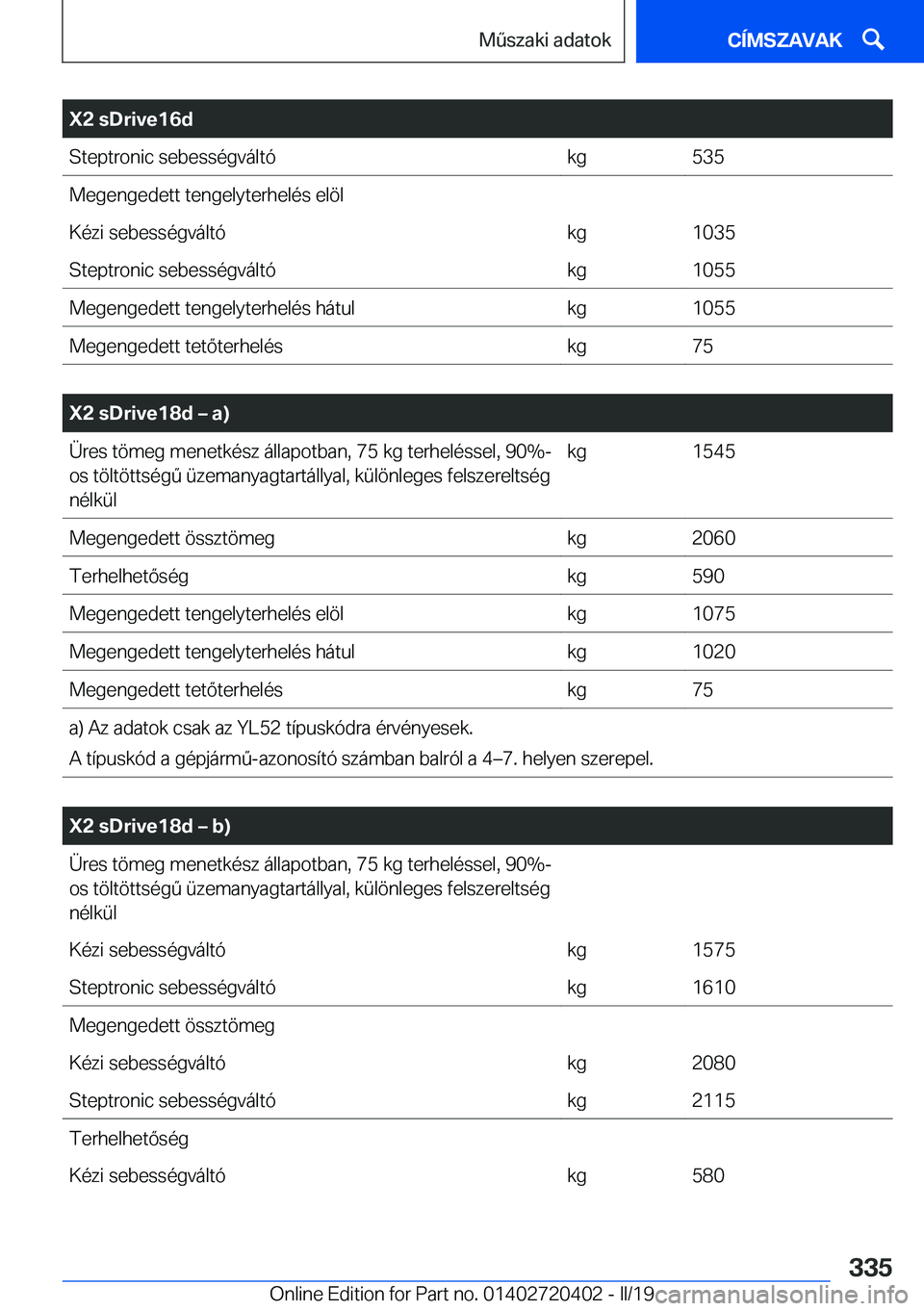 BMW X2 2019  Kezelési útmutató (in Hungarian) �X�2��s�D�r�i�v�e�1�6�d�S�t�e�p�t�r�o�n�i�c��s�e�b�e�s�s�