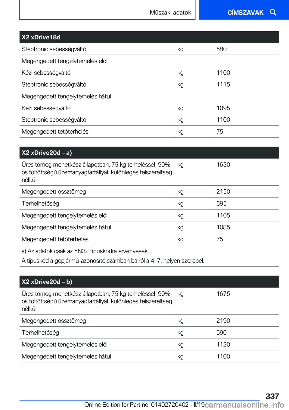 BMW X2 2019  Kezelési útmutató (in Hungarian) �X�2��x�D�r�i�v�e�1�8�d�S�t�e�p�t�r�o�n�i�c��s�e�b�e�s�s�
