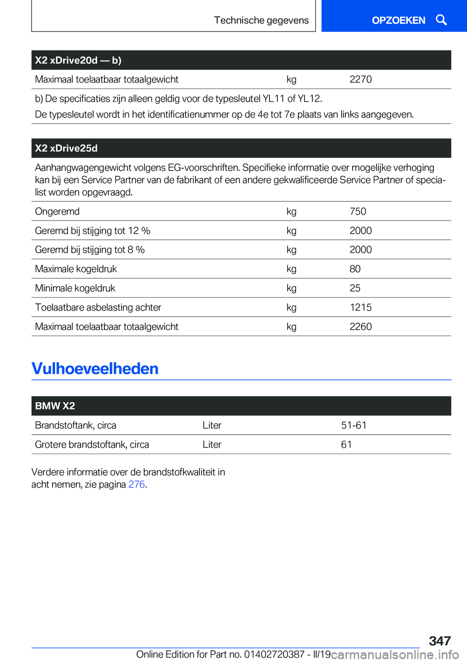 BMW X2 2019  Instructieboekjes (in Dutch) �X�2��x�D�r�i�v�e�2�0�d�n��b�
�M�a�x�i�m�a�a�l��t�o�e�l�a�a�t�b�a�a�r��t�o�t�a�a�l�g�e�w�i�c�h�t�k�g�2�2�7�0�b�)��D�e��s�p�e�c�i�f�i�c�a�t�i�e�s��z�i�j�n��a�l�l�e�e�n��g�e�l�d�i�g��v�o�o�r