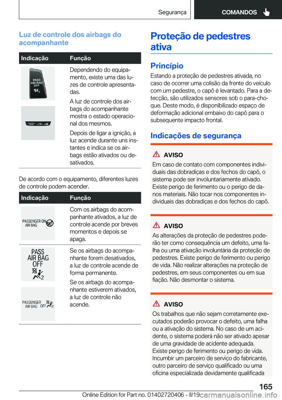 BMW X2 2019  Manual do condutor (in Portuguese) �L�u�z��d�e��c�o�n�t�r�o�l�e��d�o�s��a�i�r�b�a�g�s��d�o
�a�c�o�m�p�a�n�h�a�n�t�e�I�n�d�i�c�a�