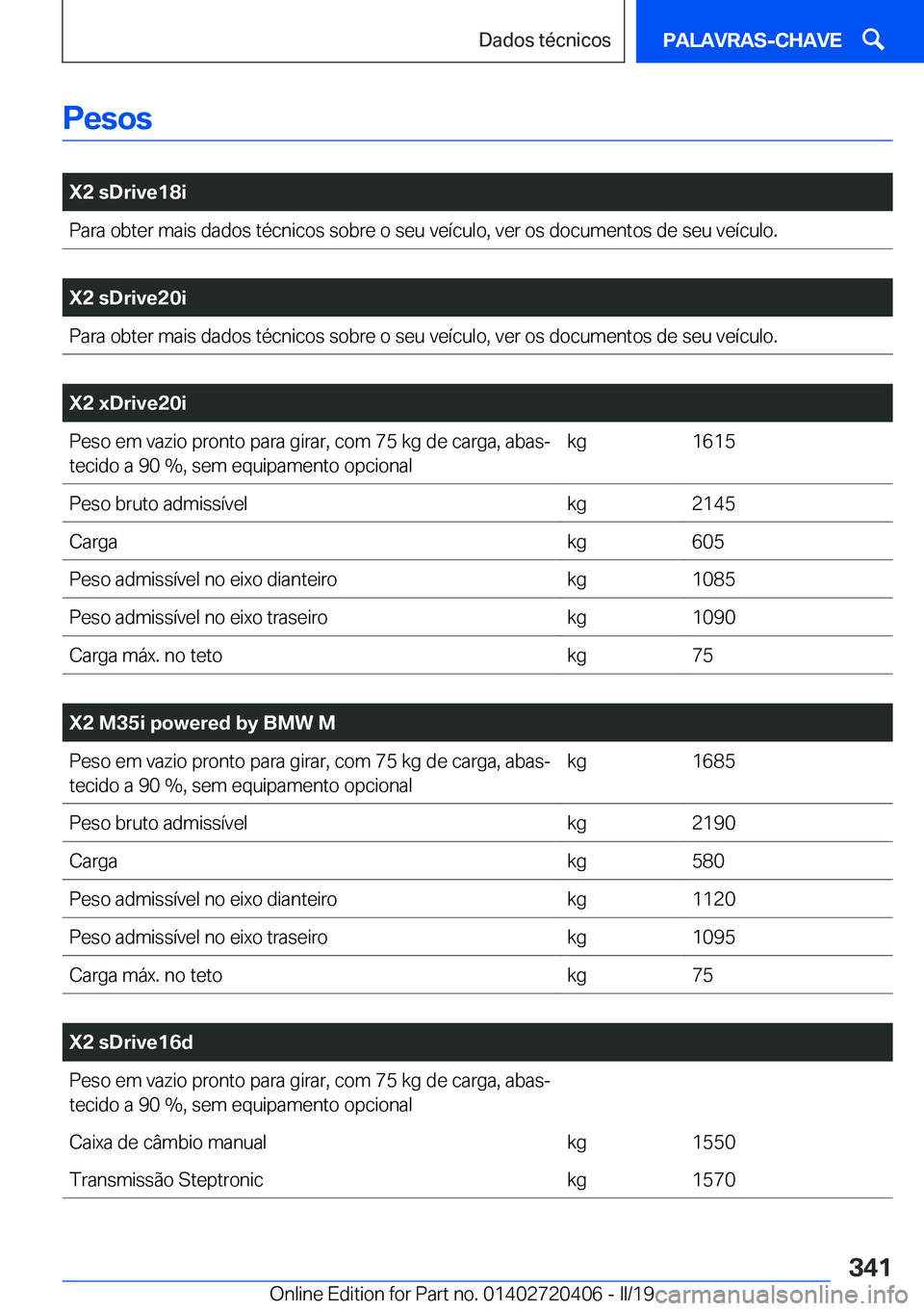 BMW X2 2019  Manual do condutor (in Portuguese) �P�e�s�o�s
�
�X�2��s�D�r�i�v�e�1�8�i�P�a�r�a��o�b�t�e�r��m�a�i�s��d�a�d�o�s��t�é�c�n�i�c�o�s��s�o�b�r�e��o��s�e�u��v�e�